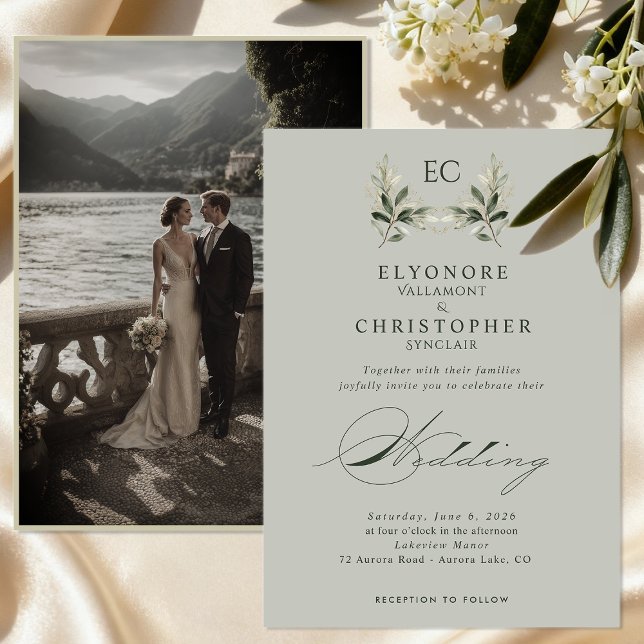 Convites Sage Green Olive Branch Monogram Photo Wedding (Criador carregado)