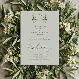 Convites Sage Green Olive Branch Monogram Photo Wedding
