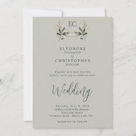 Convites Sage Green Olive Branch Monogram Photo Wedding