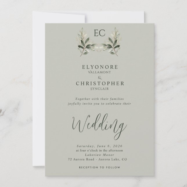 Convites Sage Green Olive Branch Monogram Photo Wedding (Frente)