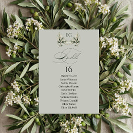 Convites Sage Green Olive Branch Monogram Table Number