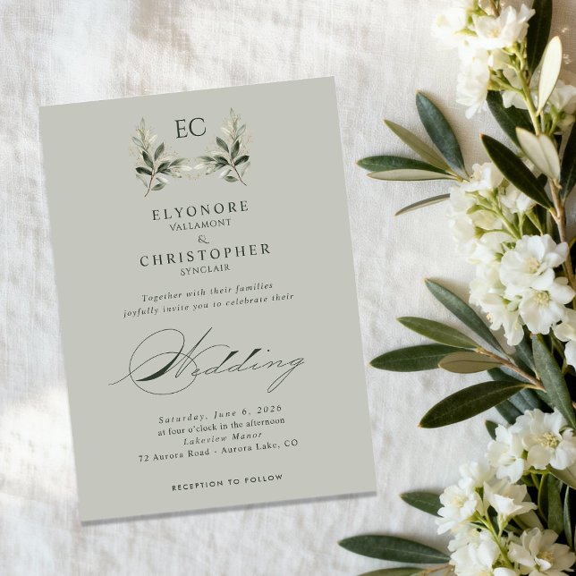 Convites Sage Green Olive Branch Monogram Wedding (Criador carregado)