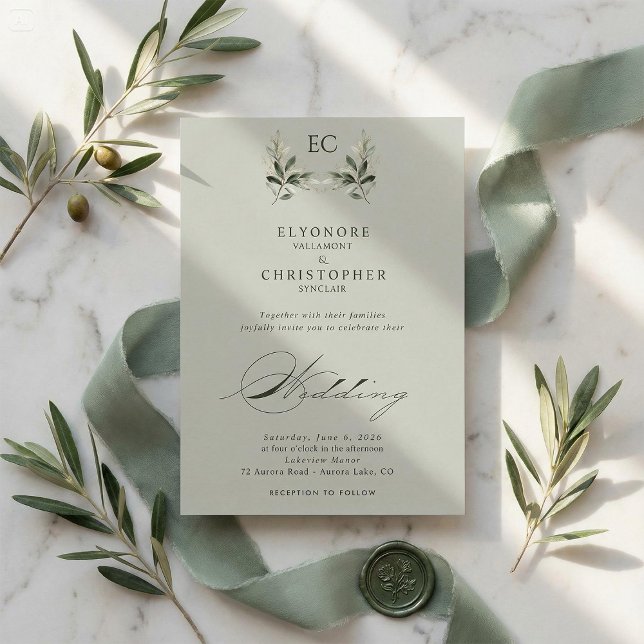 Convites Sage Green Olive Branch Monogram Wedding (Criador carregado)
