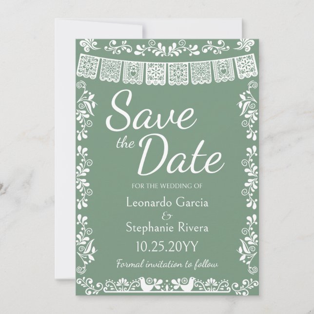Convites Sage Green Papel Picado Casamento Save the Date (Frente)