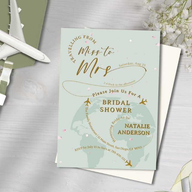 Convites Sage Green Petals viajando para Sra. Chá de panela (Sage Green Petals Travelling to Mrs Bridal Shower Invitation)