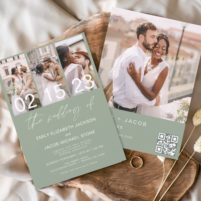Convites Sage Green Photo Código QR de Casamento Minimalist (Criador carregado)
