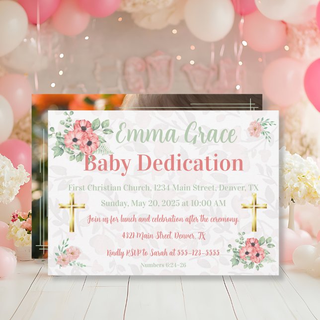 Convites Sage Green & Pink Floral Photo Baby Dedication  (Criador carregado)