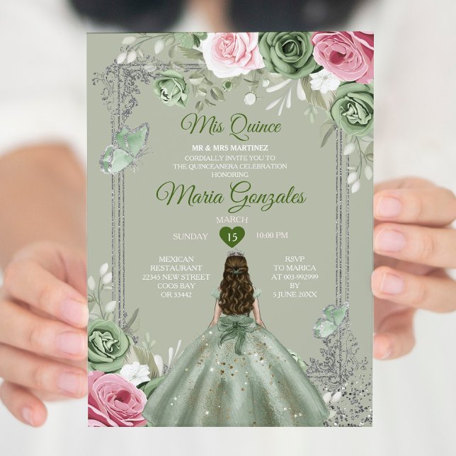 Convites Sage Green Pink Mis Quince 15 Anos Crown (Criador carregado)