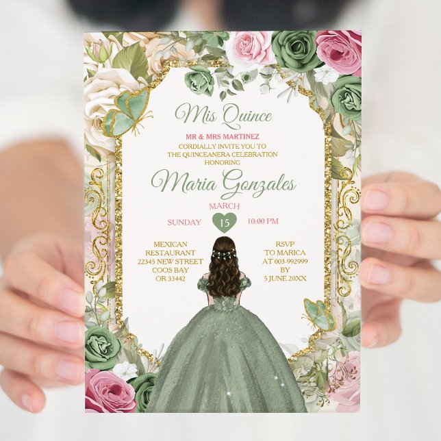 Convites Sage Green Pink Mis Quince 15 Anos Crown Butterfly (Criador carregado)