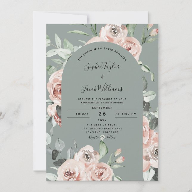 Convites Sage Green Pink Roses Floral Eucalyptus Casamento (Frente)