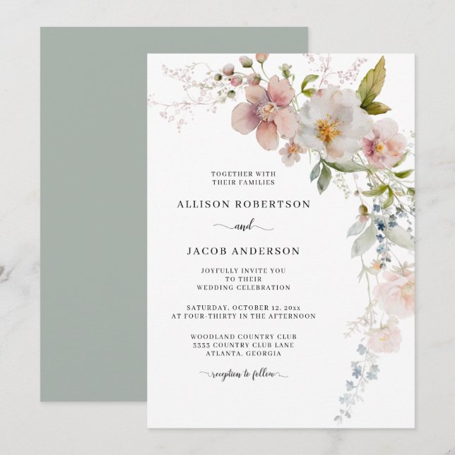 Convites Sage Green Pink Wildflower Wedding (Frente/Verso)