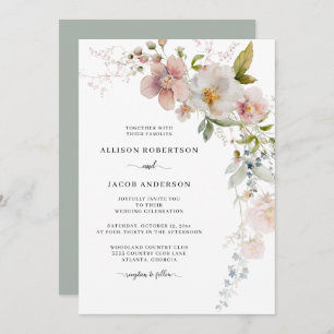 Convites Sage Green Pink Wildflower Wedding