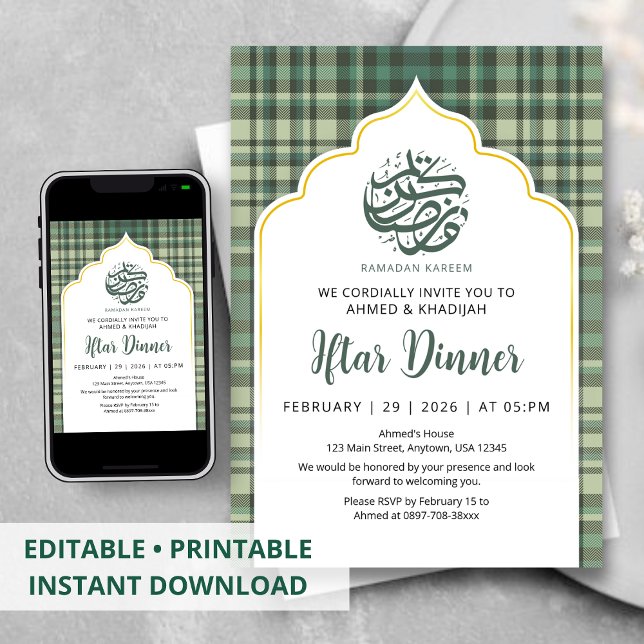 Convites Sage Green Plaid Pattern Ramadan Iftar Invitation (Criador carregado)