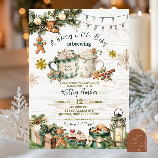 Convites Sage Green Plaid Rustic Baby is Brewing Invitation (Criador carregado)