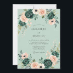 Convites Sage Green Polished Romantic Wedding<br><div class="desc">This design features a serene sage green backdrop adorned with lush floral arrangements. Exquisite peach roses and deep emerald blooms pair beautifully with white anemones and silvery eucalyptus foliage. The watercolor aesthetic creates a romantic and refined atmosphere. Soft botanical details provide a balanced,  nature-inspired aesthetic.</div>