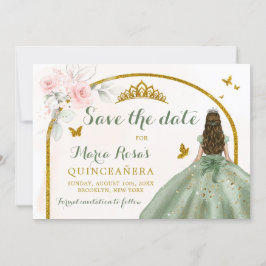 Convites Sage Green Princesa Dourada Butterfly Quinceañera