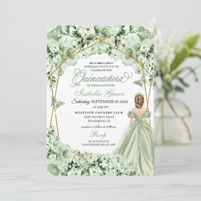 Convites Sage Green, Princesa Dourada, Vestido Quinceanera (Em pé/Frente)