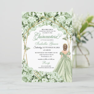 Convites Sage Green, Princesa Dourada, Vestido Quinceanera