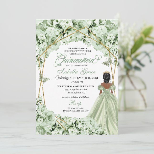 Convites Sage Green, Princesa Dourada, Vestido Quinceanera (Em pé/Frente)