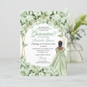 Convites Sage Green, Princesa Dourada, Vestido Quinceanera