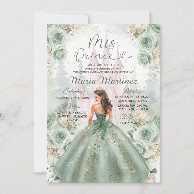 Convites Sage Green Princess e Castle Floral Mis Quince (Frente)
