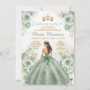 Convites Sage Green Princess Vress Floral Dourada Quinceañe