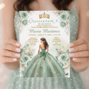 Convites Sage Green Princess Vress Floral Dourada Quinceañe