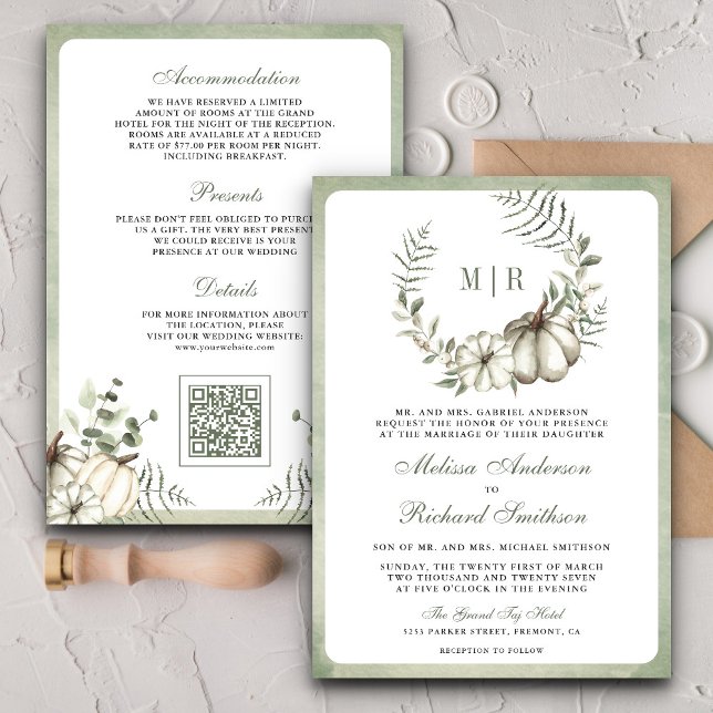 Convites Sage Green Pumpkin Wreath QR Code Casamento (Criador carregado)