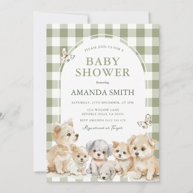 Convites Sage Green Puppy Dog Boy Baby Shower  (Frente)