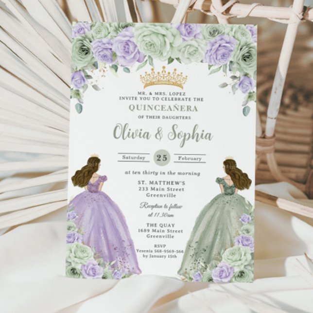 Convites Sage Green Purple Floral Twls Quinceañera (Criador carregado)