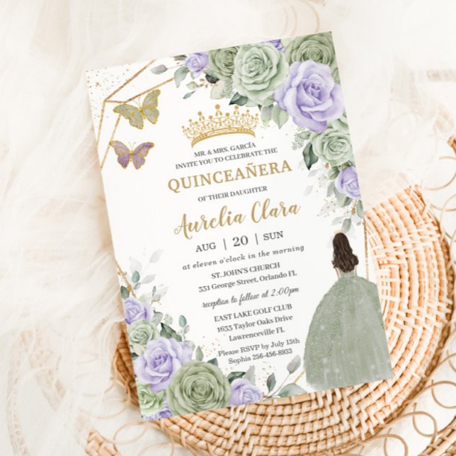 Convites Sage Green Purple Lavanda Floral Dourada Quinceañe (sage-green-lavender-purple-floral-girl-doll-gown-dress-invitation-cards-gold-quinceanera-sweet-16)