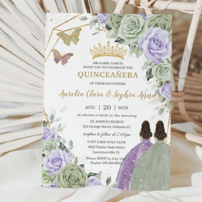 Convites Sage Green Purple Lavanda Floral Twin Quinceañera (Criador carregado)