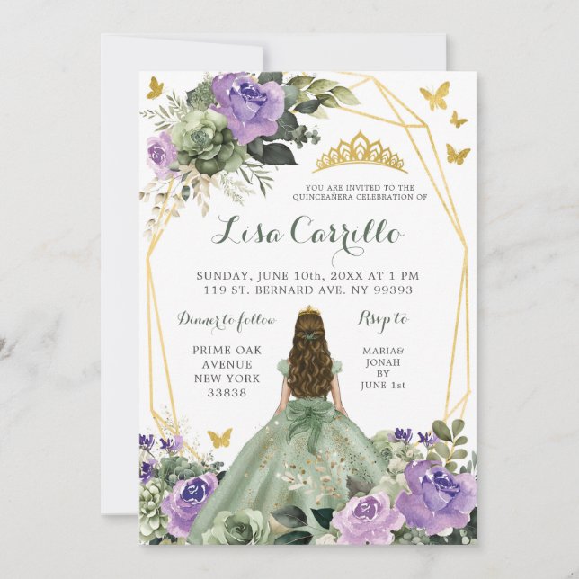 Convites Sage Green Purple Lilac Princess Quinceañera (Frente)