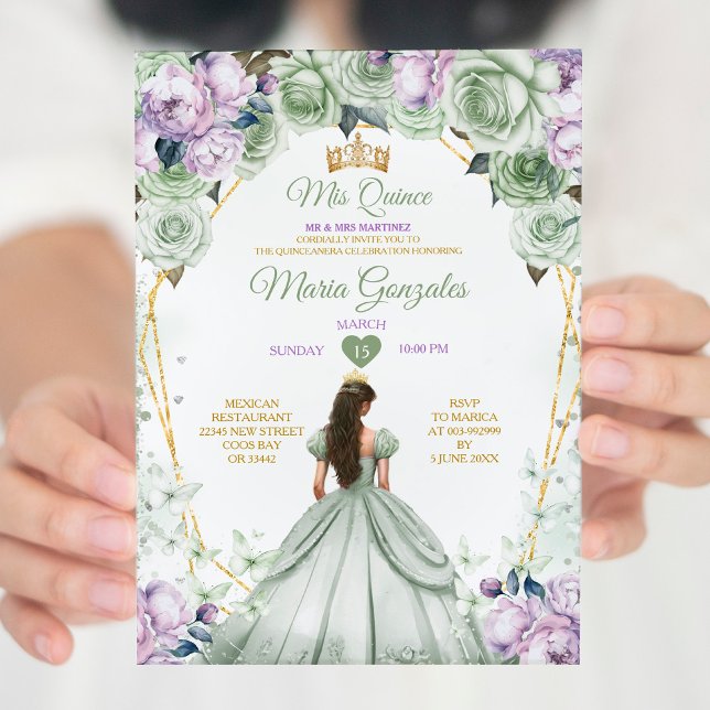 Convites Sage Green Purple Mis Quince 15 Anos Crown (Criador carregado)
