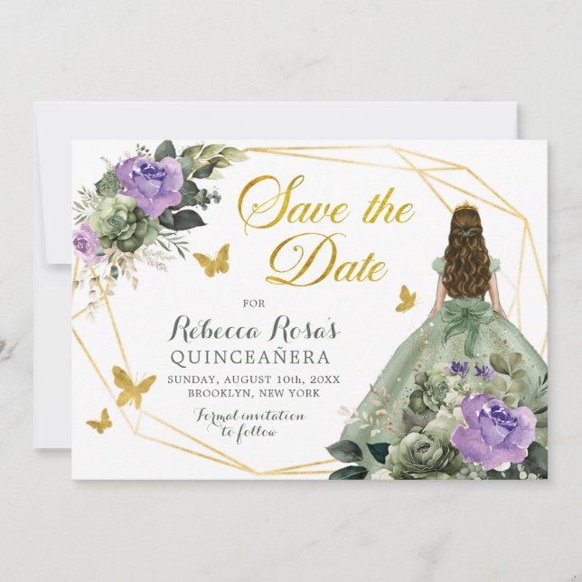 Convites Sage Green Purple Quinceañera Salve A Data (Frente)