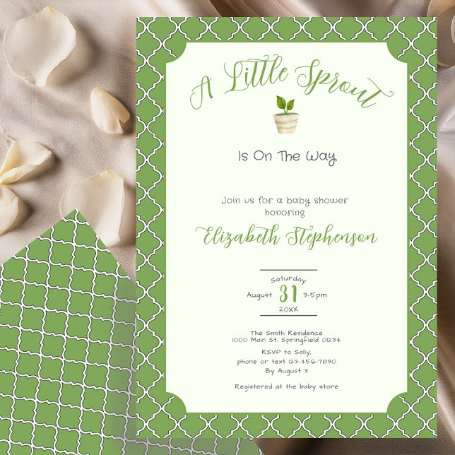 Convites Sage Green Quatrefoil Little Sprout Baby Shower (Criador carregado)