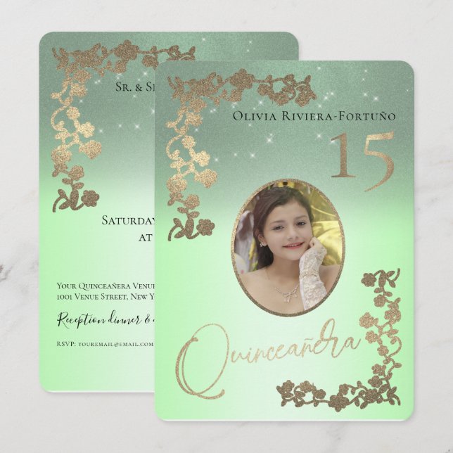 Convites Sage Green Quince Dourado Foto Glitter Quinceanera (Frente/Verso)