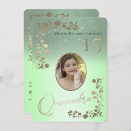 Convites Sage Green Quince Dourado Foto Glitter Quinceanera