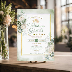 Convites Sage Green Quinceañera 15 Anos Flores Dourada Coro