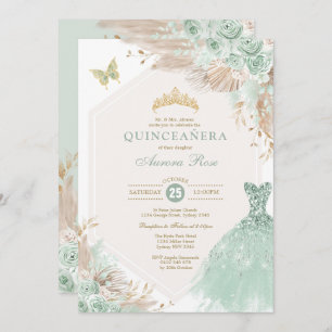 Convites Sage Green Quinceañera Boho Floral Birthday