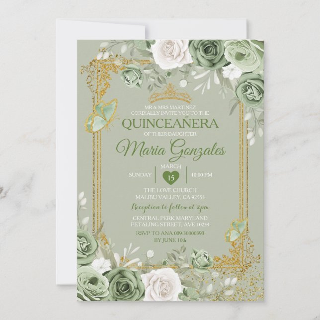 Convites Sage Green Quinceañera Dourada Borboleta (Frente)