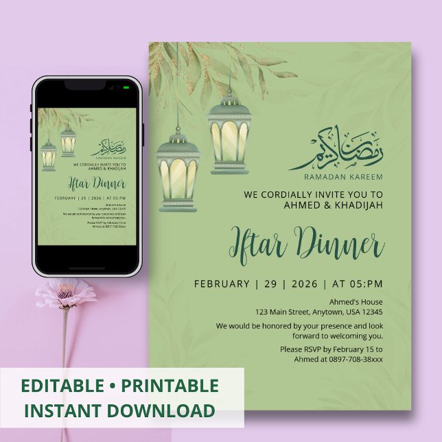Convites Sage Green Ramadan Iftar Leaves Lantern Invitation (Criador carregado)