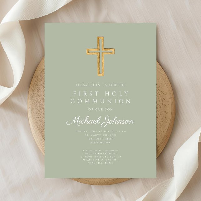 Convites Sage Green Religious Cross Boy First Communion (Sage Green Religious Cross Boy First Communion Invitation)