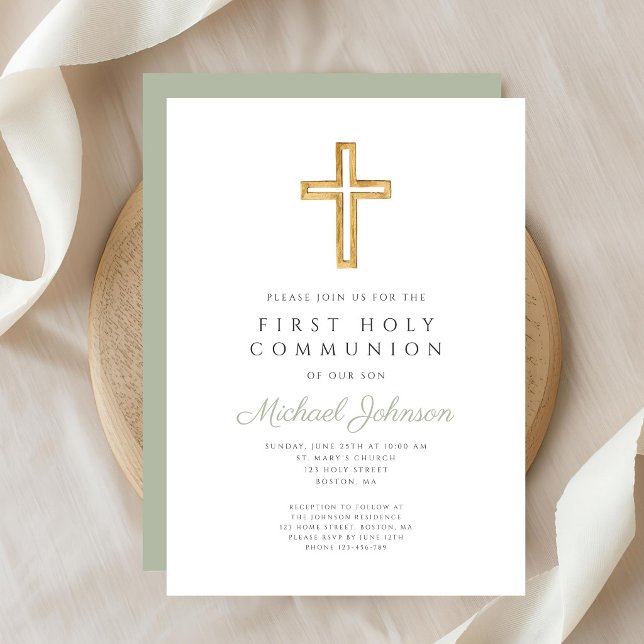 Convites Sage Green Religious Cross Boy First Communion (Sage Green Religious Cross Boy First Communion Invitation)