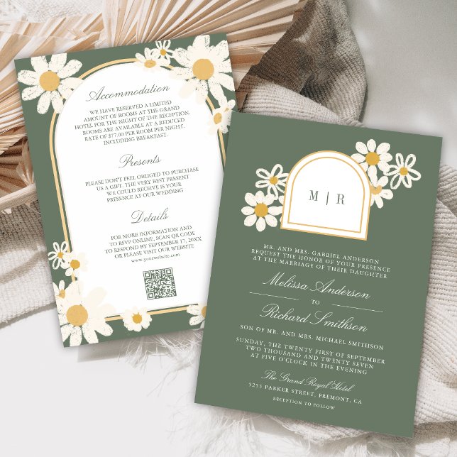 Convites Sage Green Retro Yellow Daisy All in One Wedding (Criador carregado)