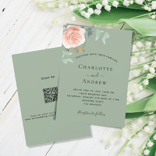 Convites Sage green rosa gold blush QR RSVP detalhes do cas