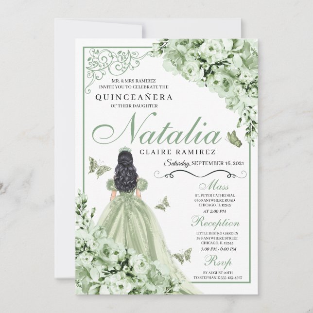 Convites Sage Green Rosa Princesa Dress Quinceanera (Frente)