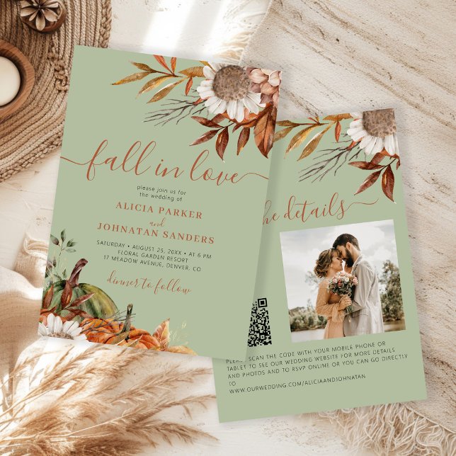 Convites Sage green rust leaves boho floral fall wedding (Criador carregado)