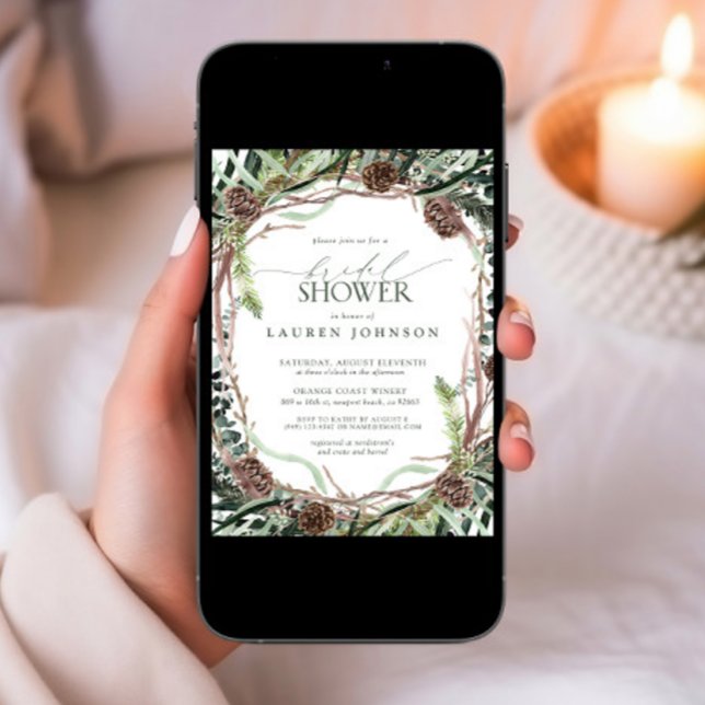 Convites Sage Green Rustic Greenery Pinecone Chá de panela (Criador carregado)