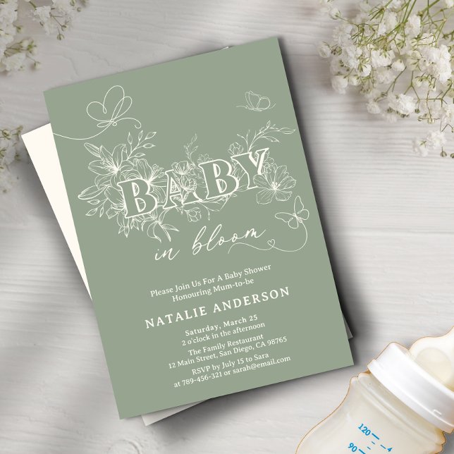 Convites Sage Green Script Flower Butterflies Baby In Bloom (Sage Green Script Flower Butterflies Baby In Bloom Invitation)